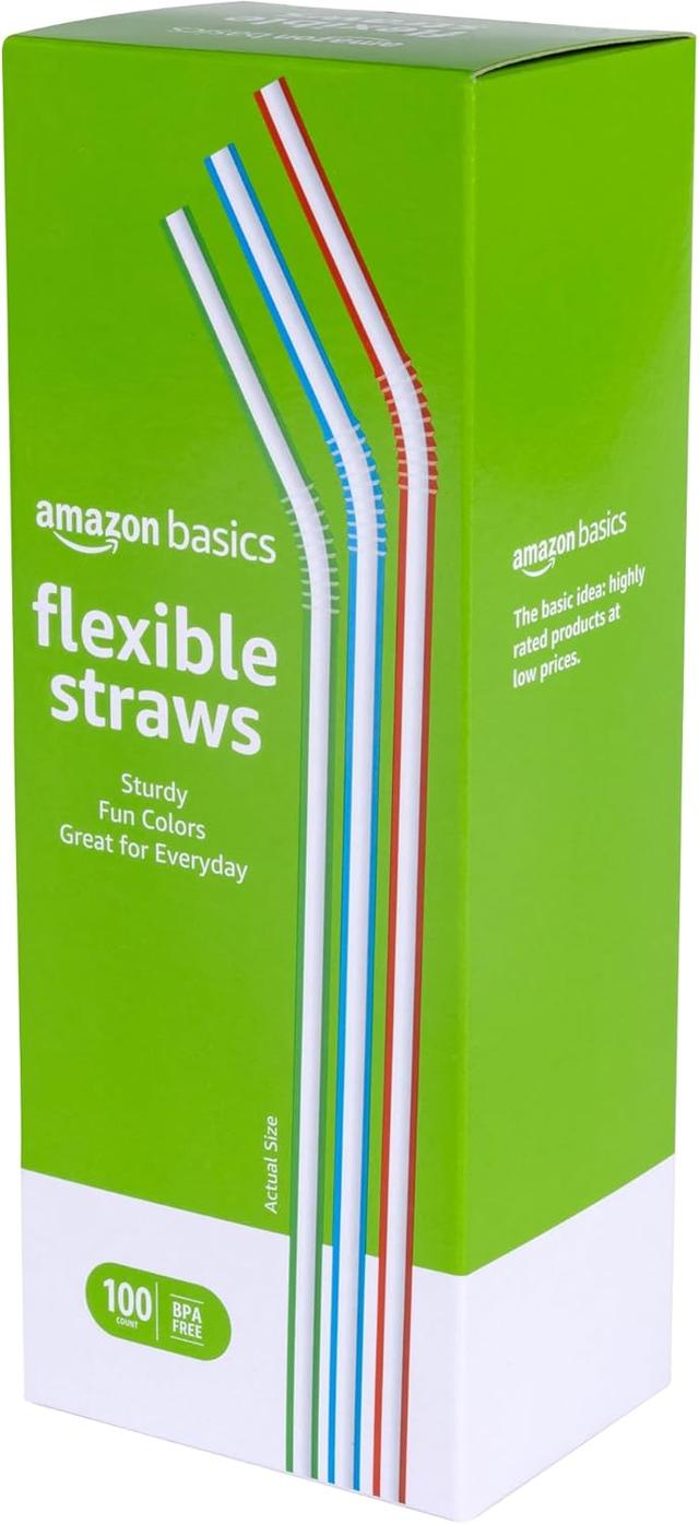 Product image of Amazon Basics Disposable Striped Plastic Flex Straws, 7.5" Long, Assorted Colors, 100 Count, Large Pack
