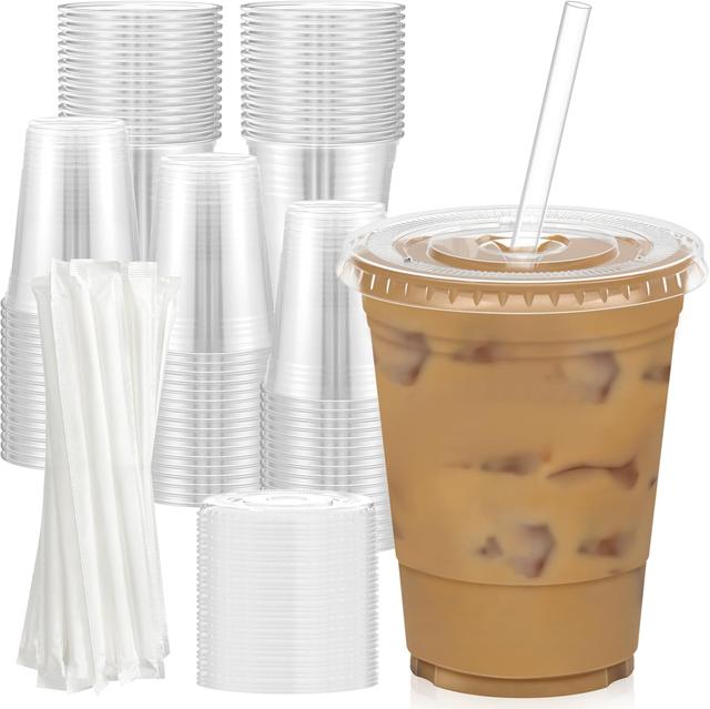 Product image of 100 Pack - 16 oz Clear Plastic Cups with Lids and Straws, Sturdy & Food Safe Iced Coffee Cups with lids, Disposable Plastic Smoothie Cups for Cold Drinks