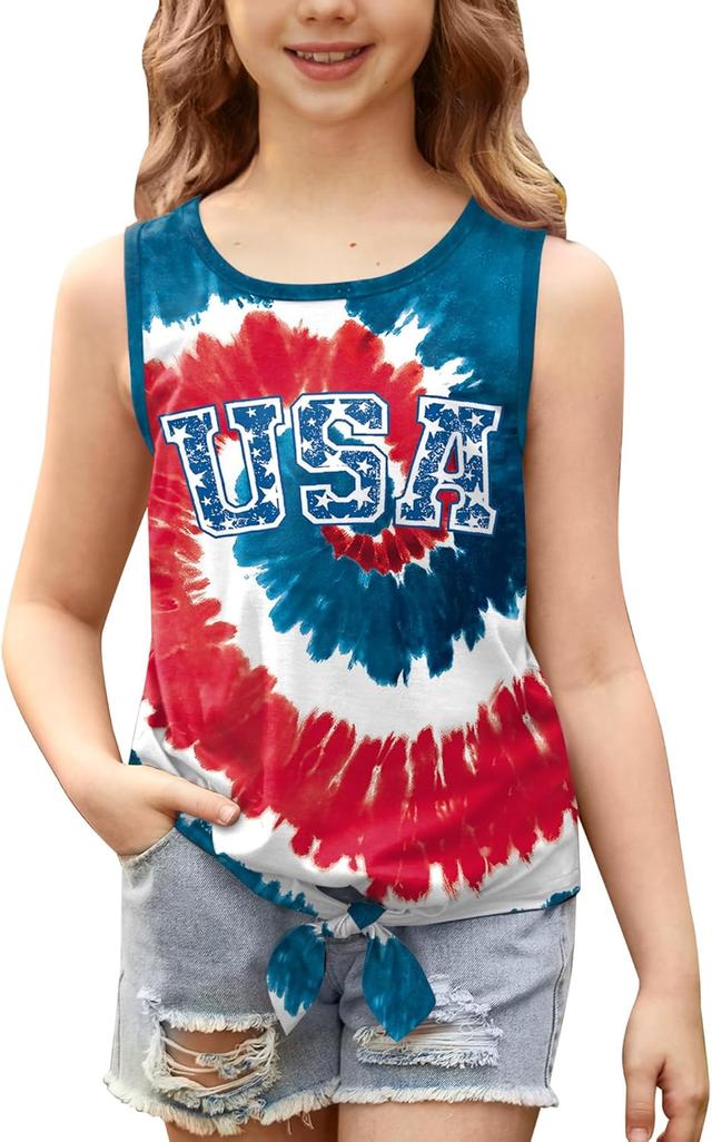 Product image of July 4th Girls Patriotic Sleeveless Tie Knot Front Tank Top Stars Stripes Tee Shirt 4-14 Years
