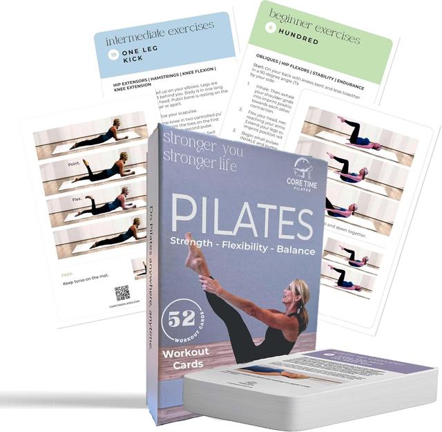 Product image of Pilates workout cards - for women's fitness - Detailed photos and video Instructions by Stott Pilates Certified instructor - 52 mat exercise cards to do Pilates at home with no equipment needed.