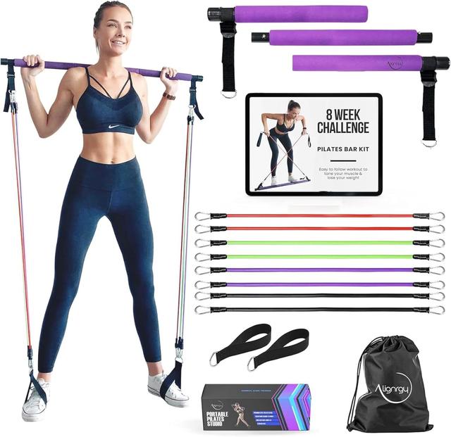 Product image of Portable Pilates Bar Kit with Resistance Bands (20, 30, 40, 50 LB) - 8 Week Video Program - Premium Quality Home Equipment 3 Section Pilates Bar with Resistance Bands Full-Body