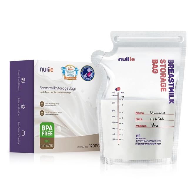 Product image of Nuliie 120 Pcs Breastmilk Storage Bags, 8 OZ Breast Milk Storing Bags, BPA-Free, Milk Storage Bags with Pour Spout for Breastfeeding, Self-Standing Bag, Space Saving Flat Profile