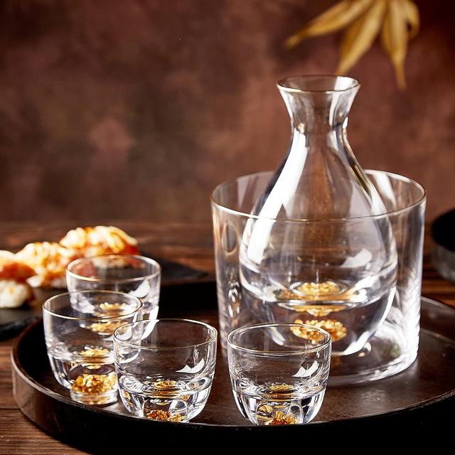 Product image of DUJUST Sake Set for 4, Crystal Sake Glass Decorated with 24K Gold Leaf Flakes, 1 Sake Bottle, 1 Sake Tank and 4 Sake Cups/Shot Glass, Cold Sake Carafe, Beautiful & Luxury Japanese Gifts Set - 6 pcs