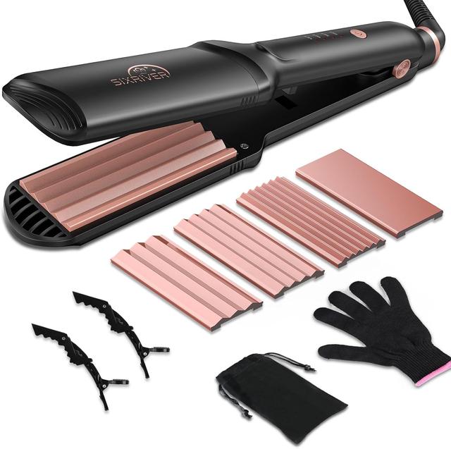 Product image of Hair Crimper for Women, 4 in 1 Flat Crimping Iron Plates Ceramic Waver Hair Tool, Hair Straightener Curling Iron with 15s Fast Heating, Rose Gold