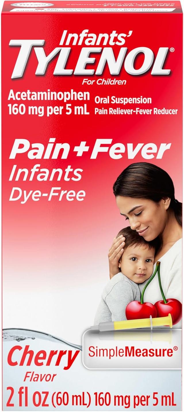 Product image of Infants' Tylenol Liquid Pain Relief and Fever Medicine, Oral Suspension, Dye-Free Acetaminophen for Sore Throat, Headache & Teething, Fever Reducer for Kids; Cherry Flavor, 2 fl. oz.; Pack of 1