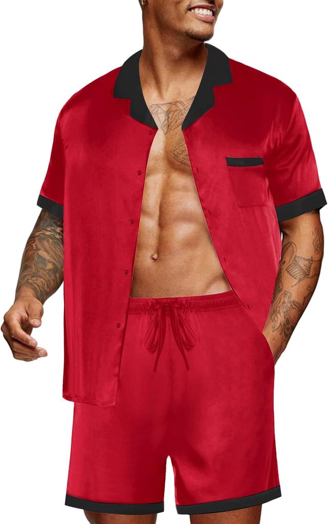 Product image of Ekouaer Men Satin Silk Pajamas Set with Pockets Sleepwear Shorts Satin Summer Loungewear 2 Piece Button Down Set S-3XL
