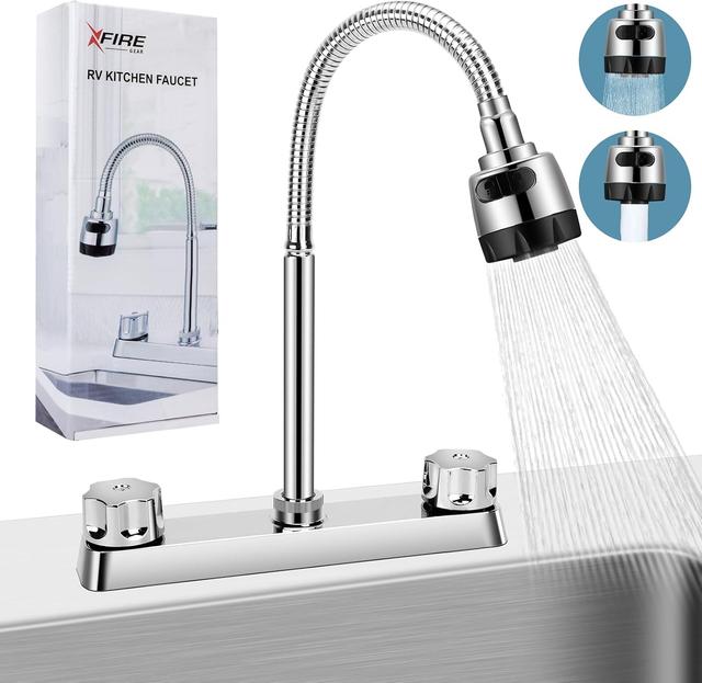 Product image of RV Kitchen Faucet, XFIRE-GEAR Camper Faucet Kitchen with Flexible Arc 360 Degree Rotatable Dual Function Sprayer, RV Sink Faucets for Motorhomes, Travel Trailers (8 Inches Apart)