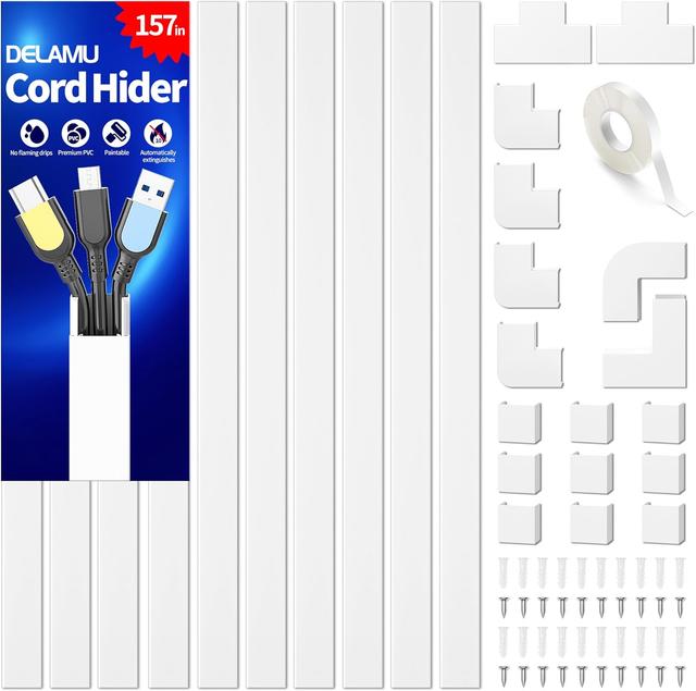 Product image of Delamu Cord Hider, 157in Wire Covers for Cords on Wall, Premium Cable Hider Cord Covers for Wires, Cable Management Wire Hiders for TV, Cable Raceway Kit, W0.95 H0.55in, White
