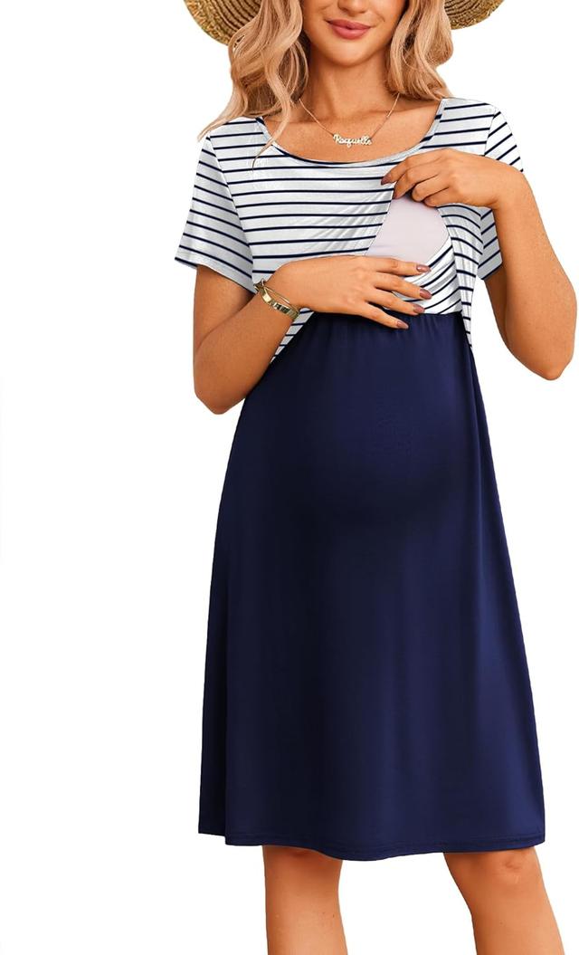 Product image of Ekouaer Women's Nursing Dress Summer Short Sleeve Patchwork Maternity Breastfeeding Knee Length Dress