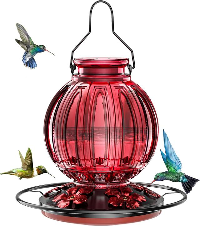 Product image of Glass Hummingbird Feeder for Outdoors Hanging, 26Oz Bird Nectar Feeder with Perch & 5 Flower Feeding Ports, Leak Proof for Outside Garden Decor Backyard, Gifts for Women Mom, Red