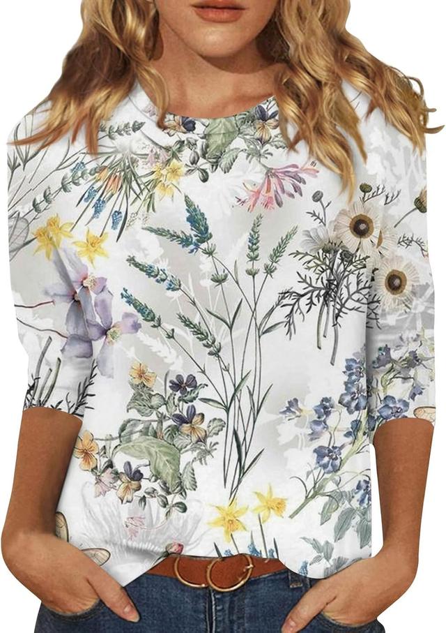 Product image of Womens Summer 3/4 Sleeve Tops 2025 Floral Print Round Neck Shirts Loose Fit Three Quarter Sleeve Tshirts