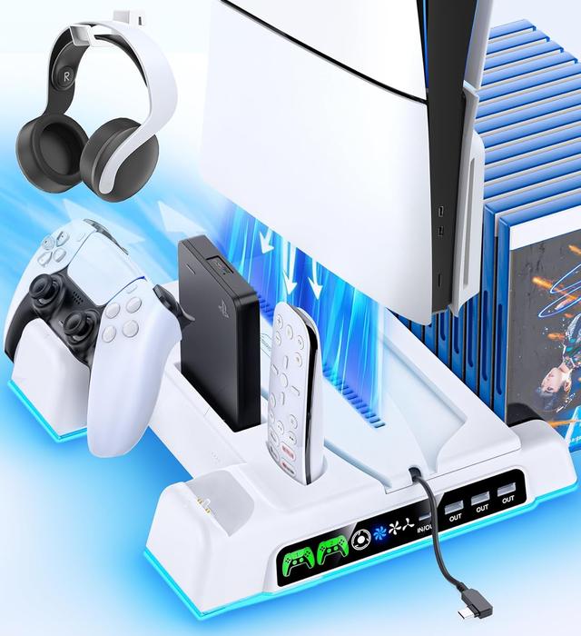 Product image of PS5/ Slim/Pro Stand for Disc & Digital Console, PS5 Cooling Station with Dual Controller Charging Station for PlayStation 5 Console, 3-Level Fan PlayStation 5 Controller Charger Accessories Stand