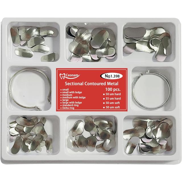 Product image of 100 Pieces Stainless Steel Sectional Contoured Metal Dental Matrices Kit with Ledges, 0.035mm Thickness, Assorted Sizes Soft Metal Bands for Molar and Premolar Restorations - Dental Matrix System Kit