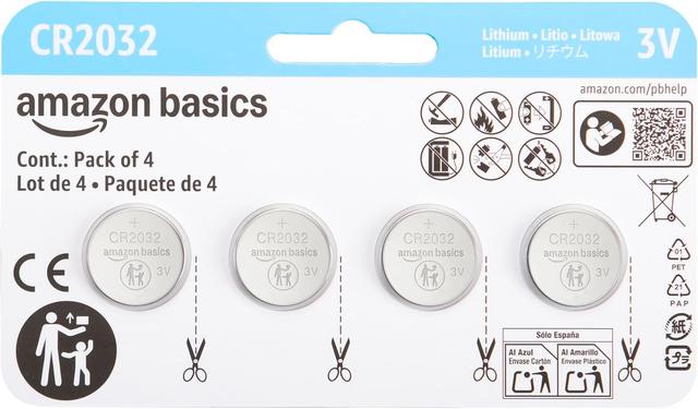 Product image of Amazon Basics CR2032 Lithium Batteries, 4-Pack, Child-Proof Package, Non-Coated - AirTag Compatible