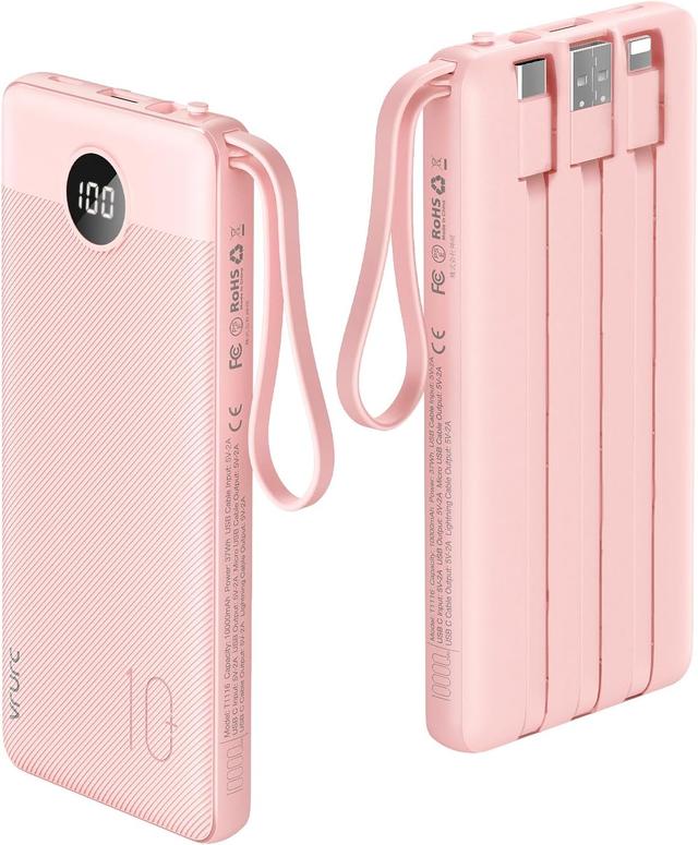 Product image of VRURC Portable Charger Power Bank, 10000mAh Travel Essentials Battery Pack, 5 Outputs 2 Inputs Slim Charging Bank Built-in Cables Cords Wires Compatible with iPhone,Samsung,Android-Pink(1 Pack)
