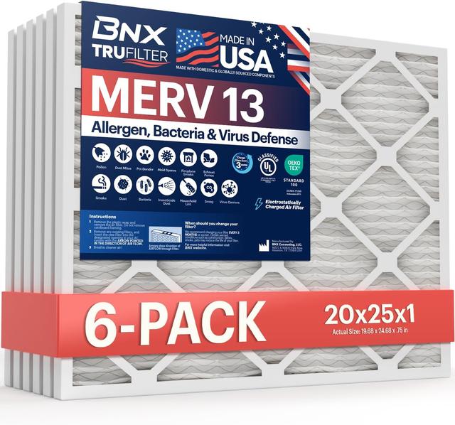 Product image of BNX TruFilter 20x25x1 Air Filter MERV 13 (6-Pack) - MADE IN USA - Electrostatic Pleated Air Conditioner HVAC AC Furnace Filters for Allergies, Pollen, Mold, Bacteria, Smoke, Allergen, MPR 1900 FPR 10