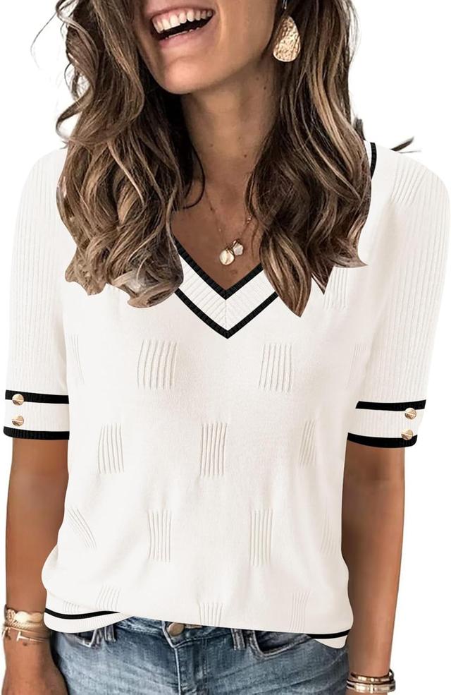 Product image of AKEWEI Womens V Neck Sweater Short Sleeve Lightweight Knit Spring Summer Tops with Decorative Buttons