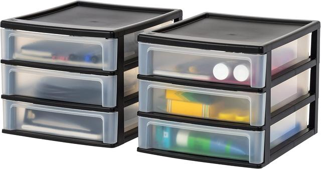 Product image of IRIS USA Plastic Stacking Desk Top 3-Drawer Storage Organizer, 2-Pack, for Makeup Vanity Nail Polish Bathroom Stationery Art Craft Supplies Kitchen Office Garage and Small Organization, Medium, Black