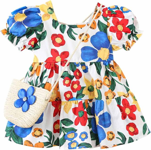 Product image of Girl Square Neck Dresses for Girl Puff Sleeve Color Block Graphic Cute Pleated Mini Short Summer Fall 2025