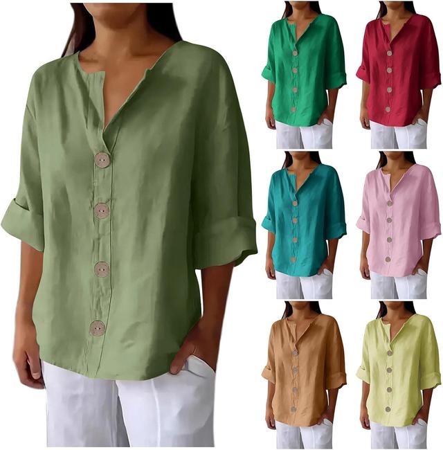 Product image of Women's Linen Shirt Button Down V Neck Solid Dressy Blouse 3/4 Sleeves Casual Loose Fit Tunic Tops Summer T Shirts