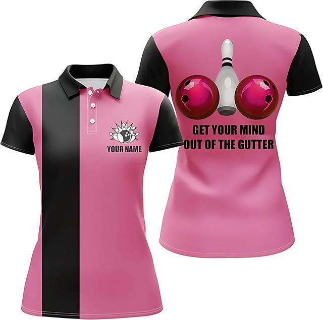 Product image of Personalized Bowling Team Jerseys for Women - Get Your Mind Out of The Gutter - Pink Polo Shirt Q5520