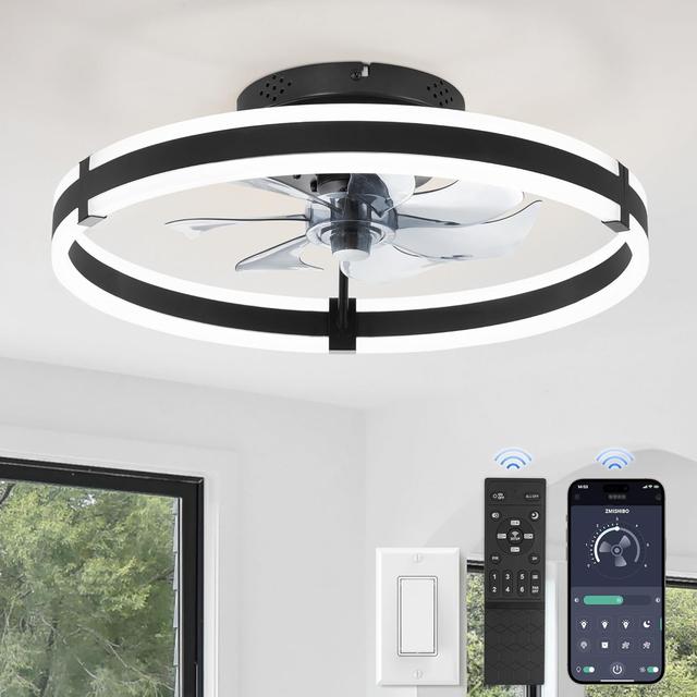Product image of Ceiling Fans with Lights and Remote, 19.7'' Low Profile Ceiling Fan, 3000-6000K Dimmable Modern Flush Mount LED Fan Light, 6 Wind Speeds, Black Fandelier Ceiling Fans for Bedroom