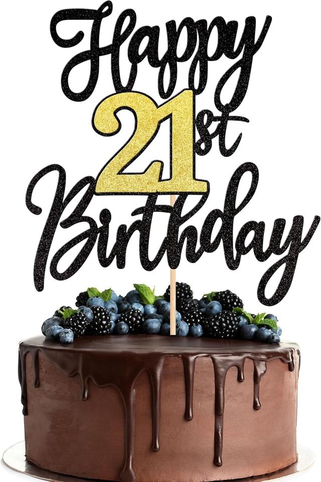 Product image of 1 PCS Happy 21st Birthday Cake Topper - Black Gold Glitter Cheers to 21 Years - Fabulous Cake Decoration for 21st Birthday Party