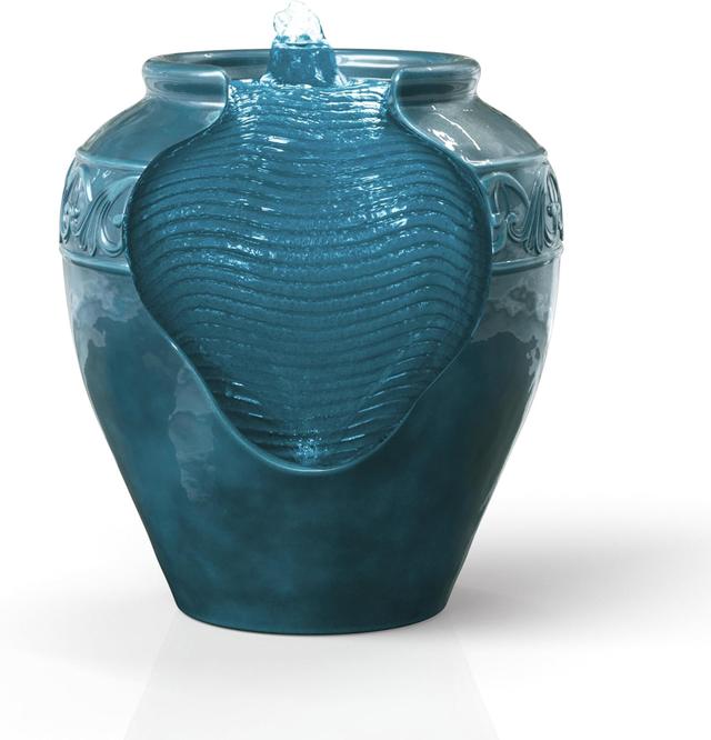 Product image of Teamson Home Floor Glazed Pot Water Fountain with Built-in LED Light and Pump for Outdoor Indoor Patio Garden Backyard Decking Home Décor, 17 inch Height, Teal