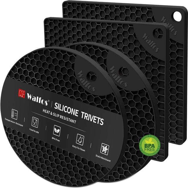 Product image of Walfos Silicone Trivet Mats - 4 Heat Resistant Pot Holders, Multipurpose Non-Slip Hot Pads for Kitchen Potholders, Hot Dishers, Jar Opener, Spoon Holder, Food Grade Silicone & BPA Free (Black)