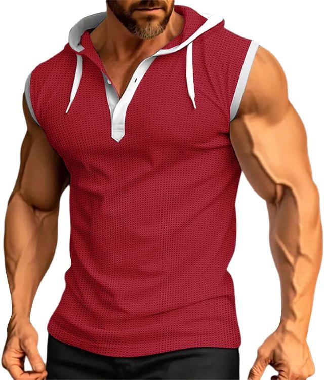 Product image of Casual Workout Hooded Tank Top for Men Waffle Contrast Sleeveless Gym Training Henley Shirts Bodybuilding Muscle Cut Off Tees