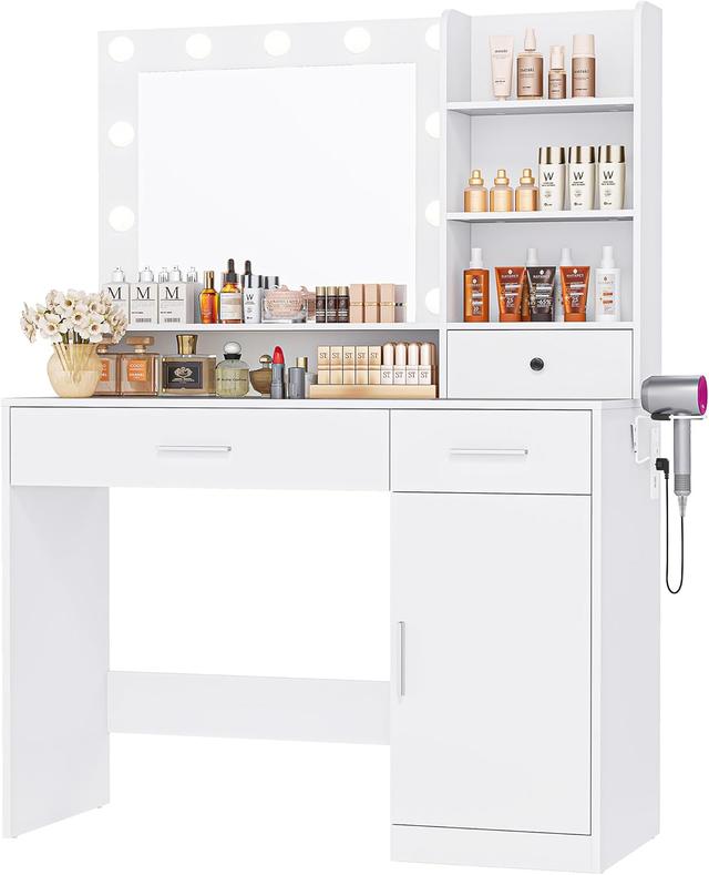 Product image of Sweetcrispy Vanity Desk with Adjustable Lighten Mirror & Power Outlet, Makeup Desk for Bedroom with a Storage Cabinet and 3 Drawers, 4 Storage Shelves, White Dresser for Girls