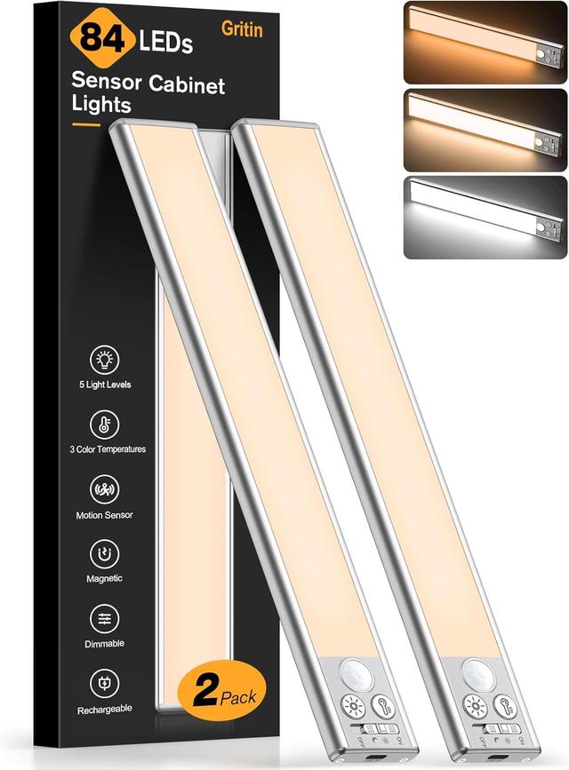 Product image of Gritin 10.2inch Under Cabinet Lighting Rechargeable -84 LED Super Bright,3-Color& 5 Level Brightness,4 Modes,Motion Sensor, Long Lasting- Easy Installation Magnetic Under Cabinet Closet Lights -2 Pack