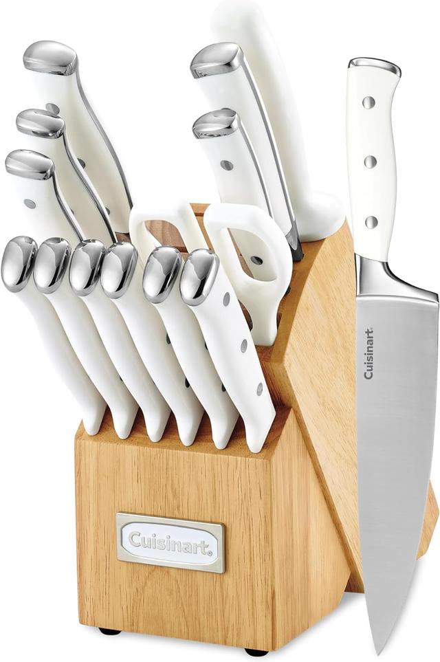 Product image of Cuisinart 15-Piece Knife Set with Block, High Carbon Stainless Steel, Forged Triple Rivet, White, C77WTR-15P