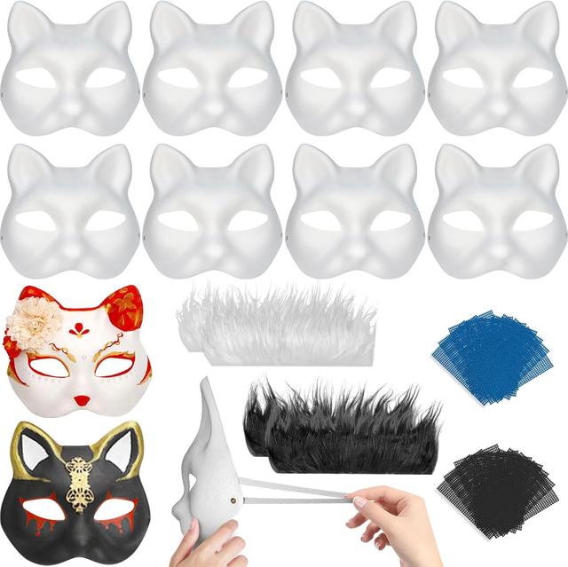 Product image of 34Pcs in 1 Cat Therian Mask Kit with Fur and Eye Mesh, Blank DIY Therian Gear Stuff Masks Base to Paint, Animal Half Paper Fox Cat Face Masquerade Mask Costume for Halloween Cosplay Parties