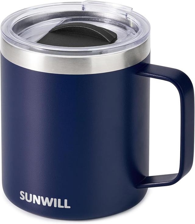Product image of SUNWILL Insulated Coffee Mug with Lid, Travel Tumbler with Handle, 14oz Stainless Steel Cup for Camping, Office, Home, Powder Coated Navy Blue