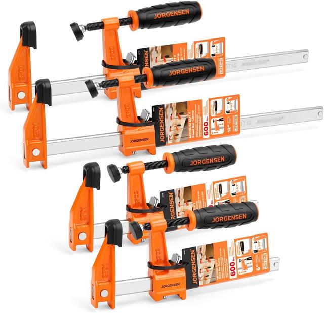 Product image of JORGENSEN 4-pack Steel Bar Clamps Set, 6-inch (2) & 12-inch (2) Medium Duty F-Clamp, 600 Lbs Load Limit, for Woodworking