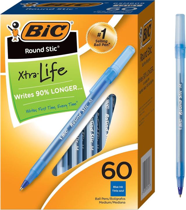 Product image of BIC Round Stic Xtra Life Ballpoint Pens, Medium Point (1.0mm), Blue, Flexible Round Barrel For Writing Comfort, 60-Count