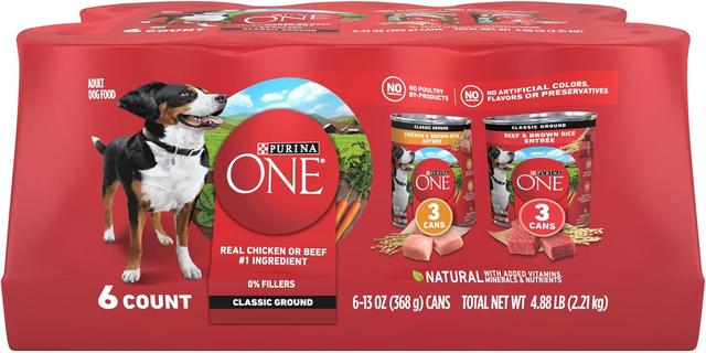 Product image of Purina ONE Classic Ground Chicken and Brown Rice, and Beef and Brown Rice Entrees Wet Dog Food Variety Pack - (Pack of 6) 13 oz. Cans