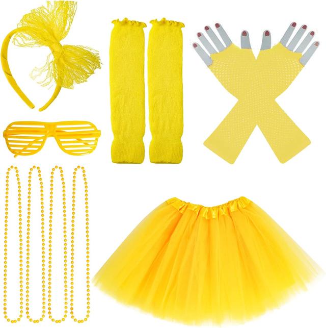 Product image of jiebor 80s Costume Outfits Accessories for Girls Kids Tutu Skirt Leg Warmers Fishnet Gloves Shutter Glass Headband Necklace