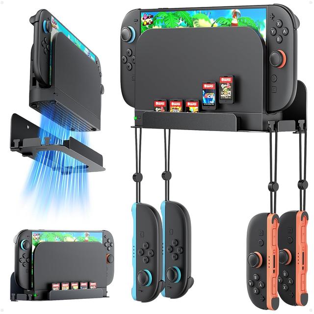 Product image of Metal Wall Mount for Nintendo Switch 2 Console 2025, Switch 2 Organizer Shelf Base Kit Behind TV, Switch 2 Accessories with 5 Card Slots and 4 Joy-con Hanger, Carbon Black