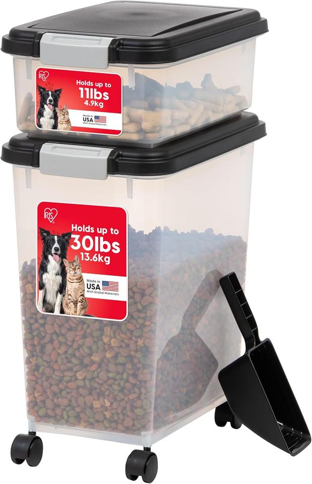 Product image of IRIS USA Dog Food Storage Container, 30 lbs & 11 lbs Combo, Cat Food Storage Container, Dog Treat Container, Airtight, Stackable, 2-Cup Scoop, Wheels, Easy Mobility, Black