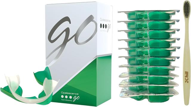 Product image of Opalescence Go 15% Mint - Prefilled Teeth Whitening Trays - 15% Hydrogen Peroxide - (10 Treatments) Made by Ultradent Products. Teeth Whitening Kit -Mint - Includes 2Chill Toothbrush 5194-1T