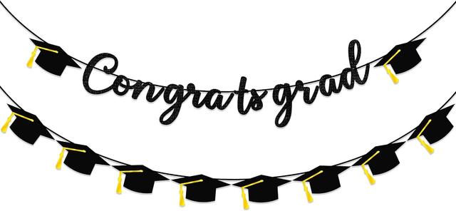 Product image of Graduation Decorations Banner, Graduation Decorations 2025, Black Glitter Congrats Grad Banner, Class of 2025 Grad Garland for College High School Grad Party Supplies Decor