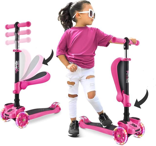 Product image of Hurtle 3-Wheeled Scooter for Kids - Wheel LED Lights, Adjustable Lean-to-Steer Handlebar, and Foldable Seat - Sit or Stand Ride with Brake for Boys and Girls Ages 1-14 Years Old