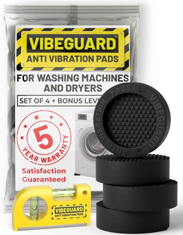 Product image of Anti Vibration Pads for Washing Machine featuring 3D TrianGrip & FREE Level Tool - Larger Opening Fits All Washer Feet - Stops Moving, Walking - Prevents Noise, Vibration Transfer - VIBEGUARD 4 Pack