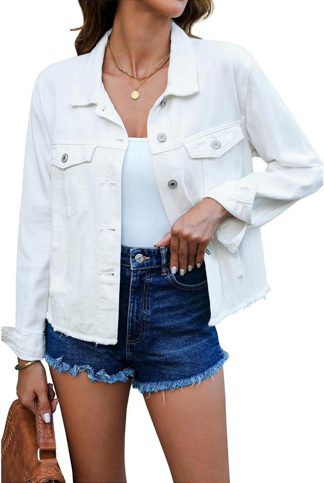 Product image of luvamia Denim Jacket for Women Distressed Jean Jackets Button Up Vintage Western Trucker Jacket Frayed Hem Pockets