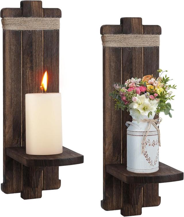Product image of Farmhouse Wall Decor Candle Sconces - 2 Pcs Vintage Rustic Handmade Wooden Wall-Mount Candle Holders for Bedroom Living Room Bathroom Home Hanging Art Decorations Accessories Gifts, Brown