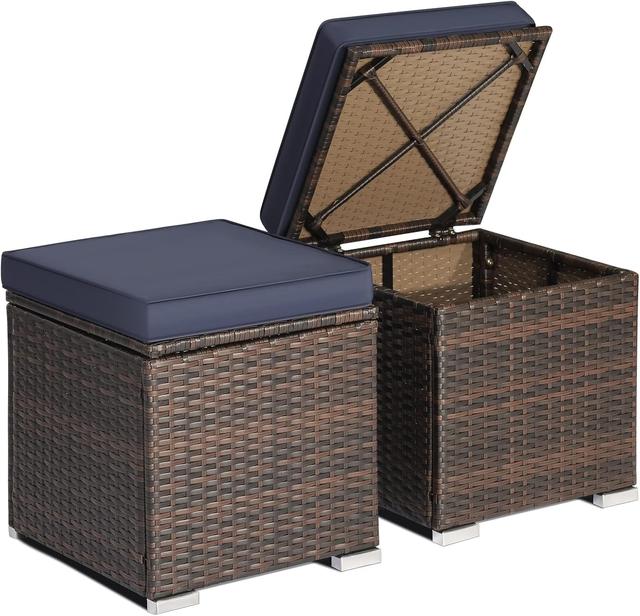 Product image of RELAX4LIFE Wicker Outdoor Storage Ottoman, 2-Piece Rattan Footstool w/Removable Cushion, Multipurpose Footrest Stool Side Table Additional Seating, Set of 2 Outdoor Ottomans for Patio Deck (Navy)