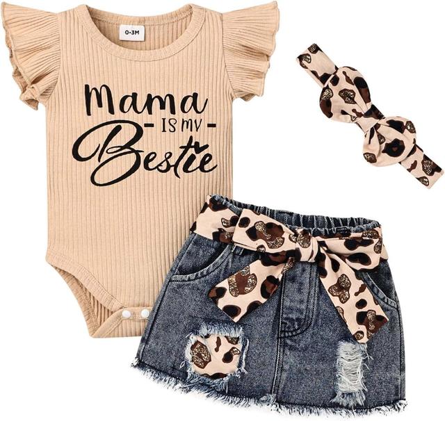 Product image of Baby Girl Clothes Newborn Romper Ruffle Sleeve Short Jeans Skirt with Headband Infant Outfits Set 0-18 Months