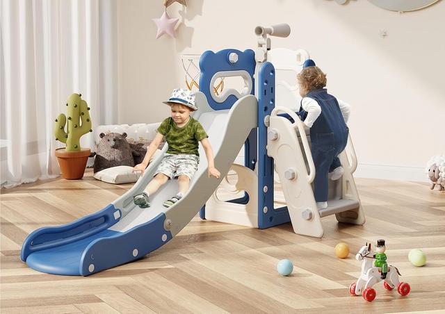 Product image of Babytronic Toddler Slide, 6 in 1 Kids Indoor Slide for Toddlers 1-3, Kids Playground for Indoor Outdoor with Basketball Hoop and Telescope, Indoor Outdoor Slide Playset (Blue&Gray)